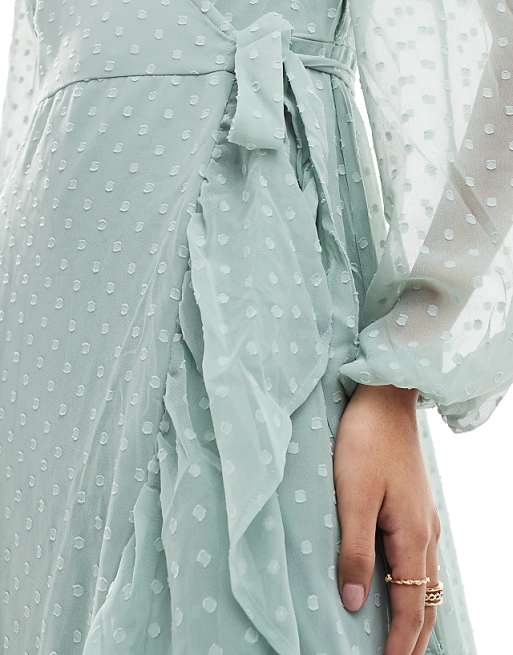 Vila Bridesmaid Dobby Wrap Maxi Dress With Frill Detail In Sage Green