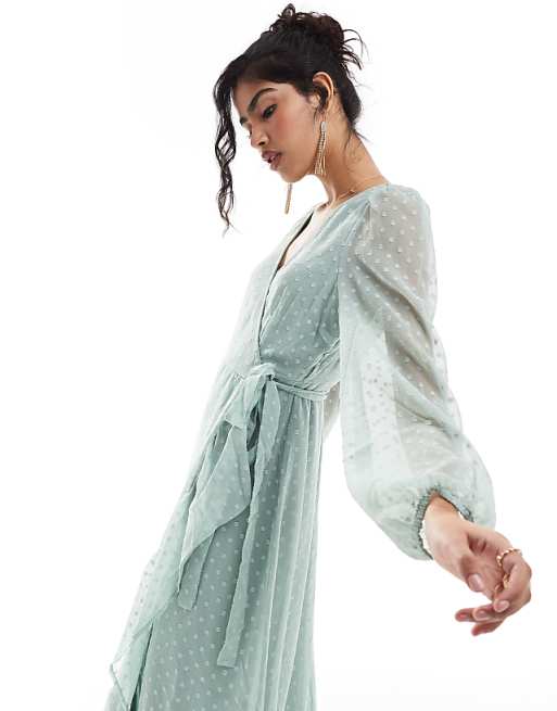 Vila Bridesmaid Dobby Wrap Maxi Dress With Frill Detail In Sage Green
