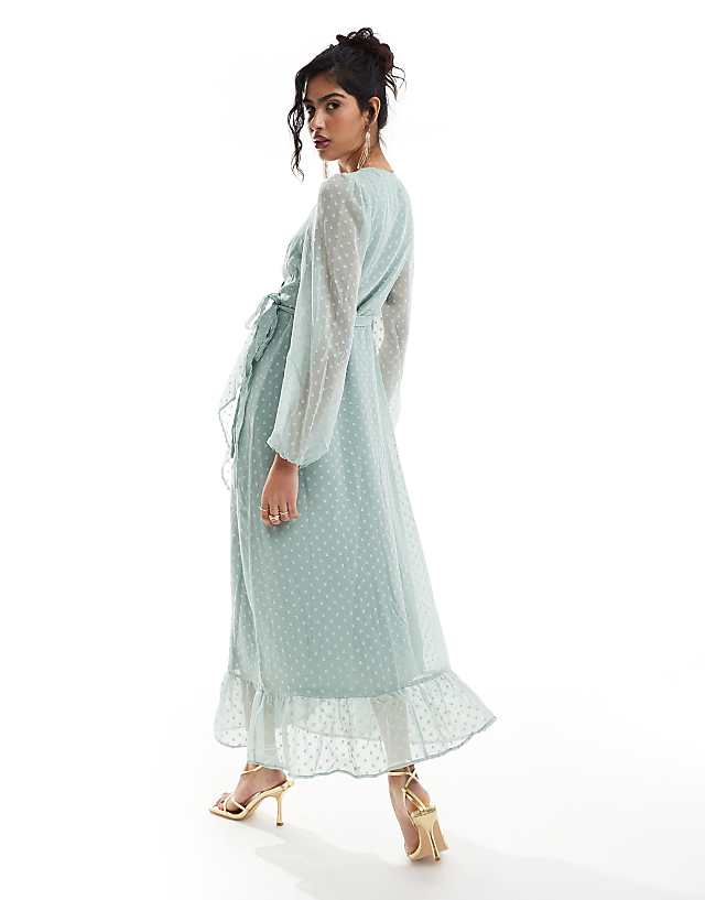 Vila Bridesmaid Dobby Wrap Maxi Dress With Frill Detail In Sage Green
