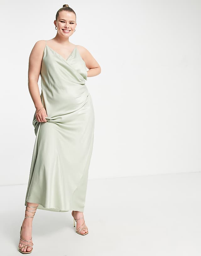 Vila Curve Bridesmaid Cami Maxi Dress With Ruching In Green Satin