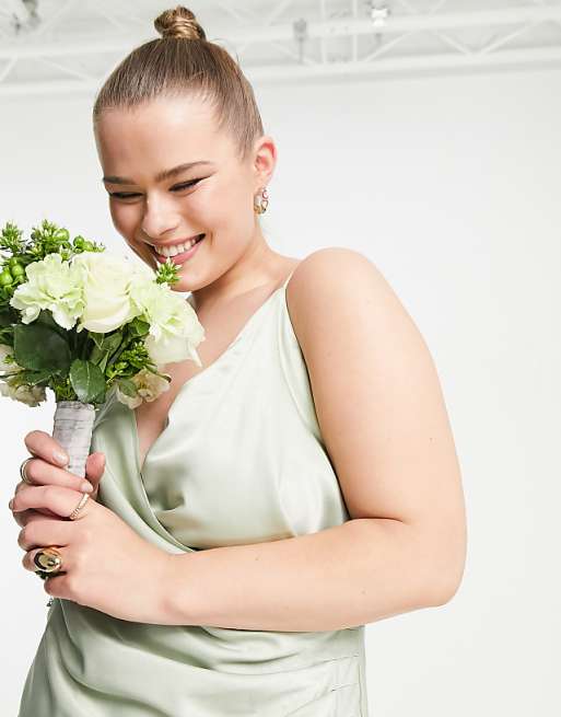 Vila Curve Bridesmaid Cami Maxi Dress With Ruching In Green Satin