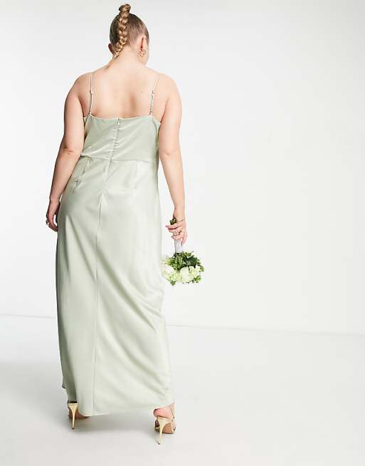 Vila Curve Bridesmaid Cami Maxi Dress With Ruching In Green Satin