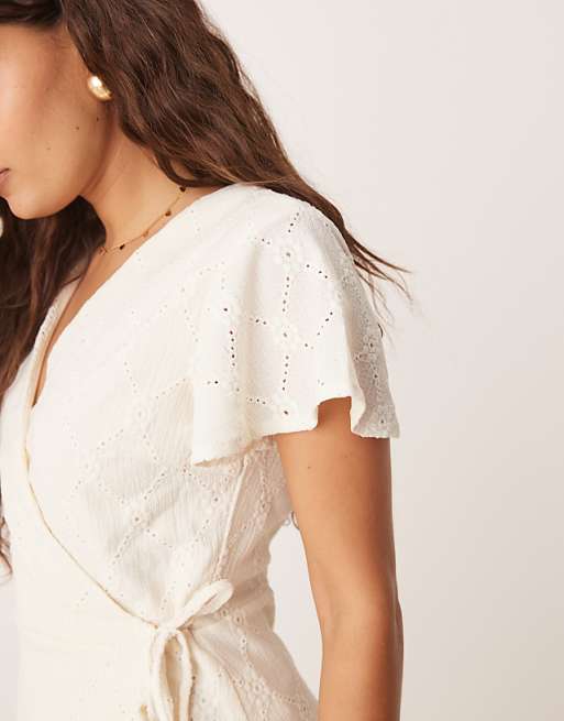 Vila Petite Jersey Broderie Wrap Mini Dress In Cream