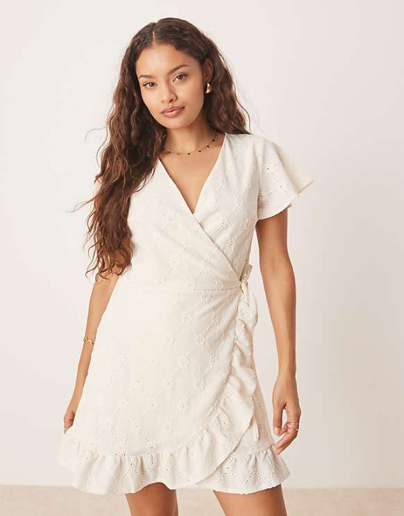 Vila Petite jersey broderie wrap mini dress in cream