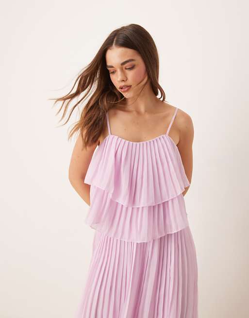 Vila Pleated Ruffle Layer Cami Maxi Dress In Orchid Pink