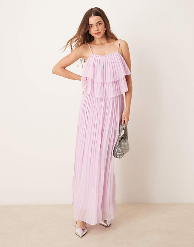 Vila Pleated Ruffle Layer Cami Maxi Dress In Orchid Pink