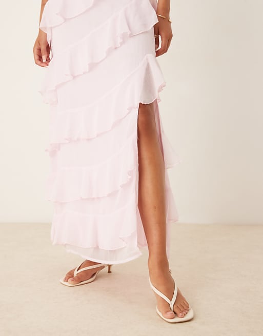 Vila Ruffle Cami Maxi Dress With Leg Split In Light Pink