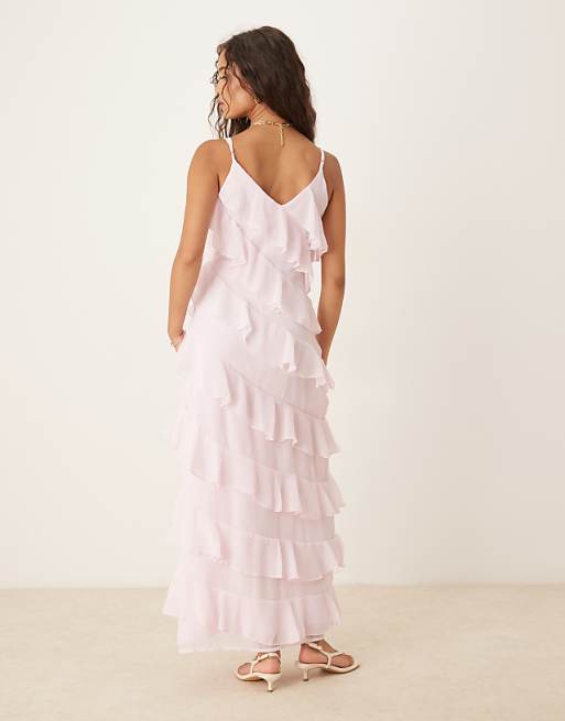 Vila Ruffle Cami Maxi Dress With Leg Split In Light Pink