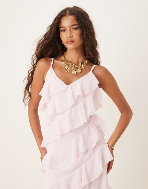 Vila Ruffle Cami Maxi Dress With Leg Split In Light Pink