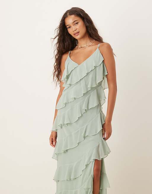 Vila Ruffle Cami Midi Dress With Leg Split In Sage Green