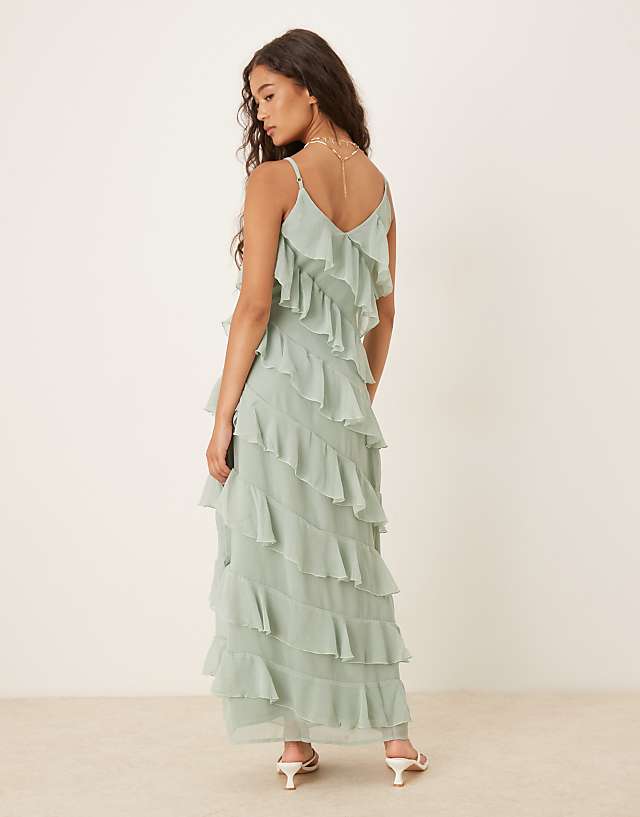 Vila Ruffle Cami Midi Dress With Leg Split In Sage Green