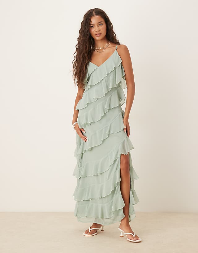 Vila ruffle cami midi dress with leg split in sage green
