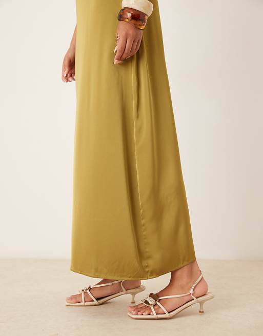 Vila Satin Cowl Neck Maxi Dress In Olive Green