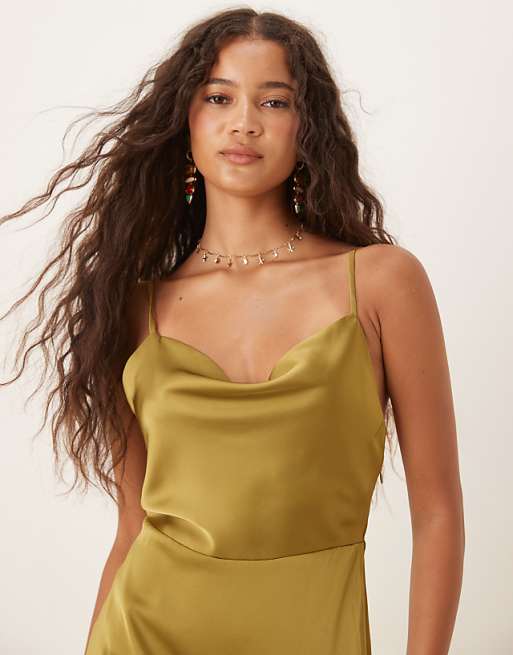 Vila Satin Cowl Neck Maxi Dress In Olive Green