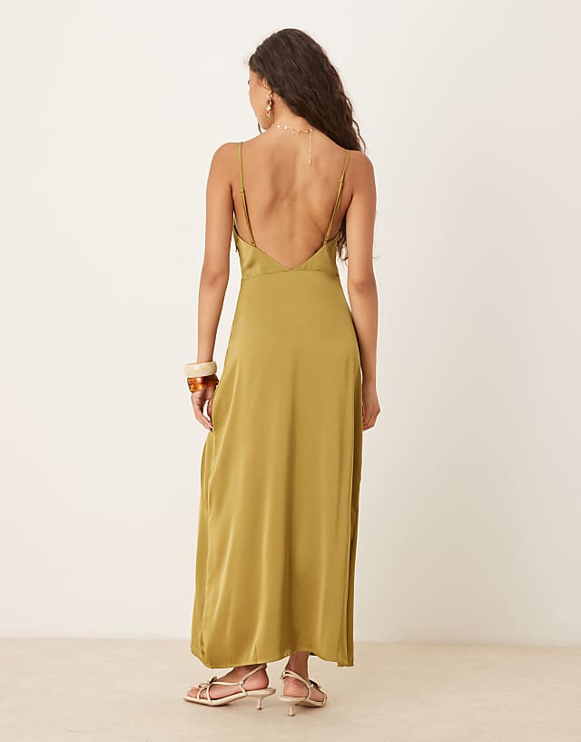 Vila Satin Cowl Neck Maxi Dress In Olive Green