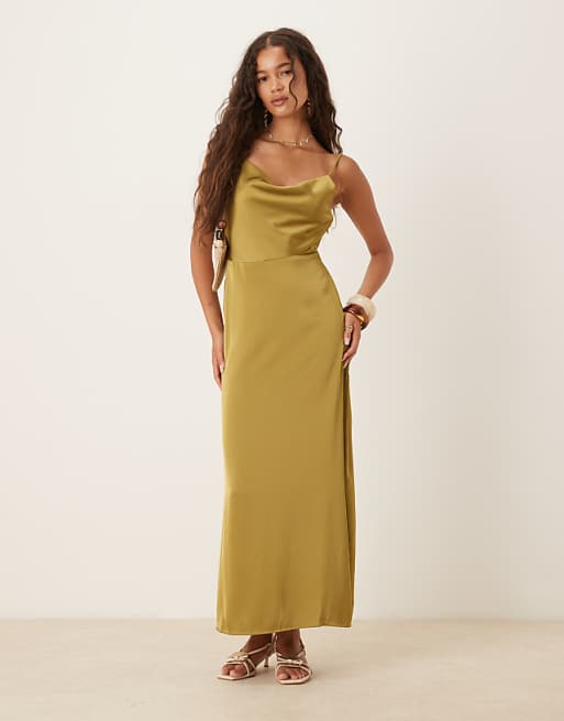 Vila satin cowl neck maxi dress in olive green