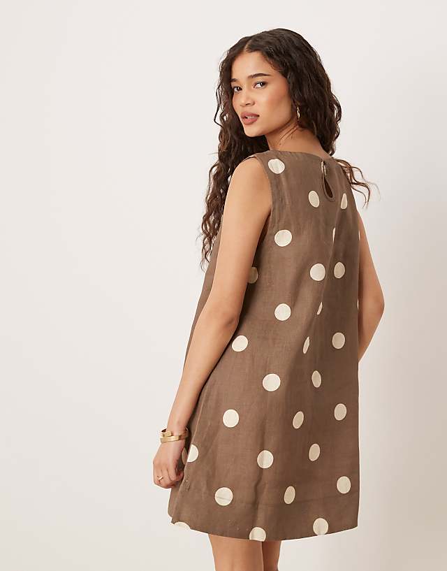 VRG GRL Aftersun Polka Dot Linen Mini Shift Dress In Brown