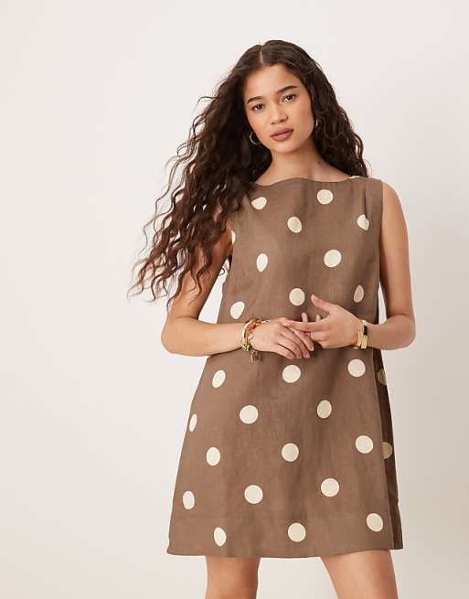 VRG GRL aftersun polka dot linen mini shift dress in brown