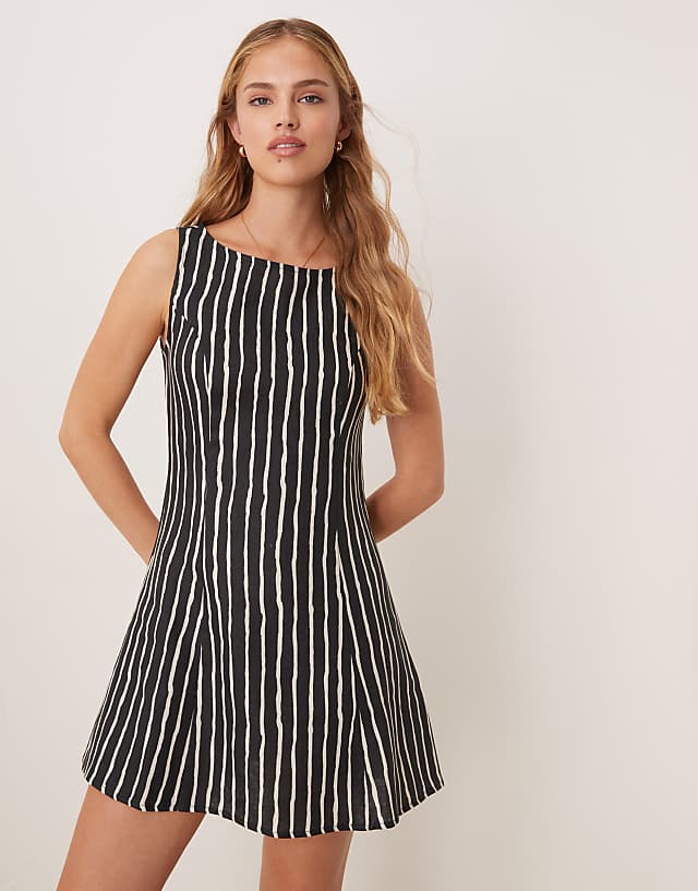 VRG GRL Chloe Striped Linen Mini Shift Dress In Black