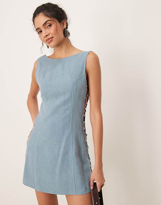 VRG GRL Discoteca Mini Linen Dress In Sea Blue