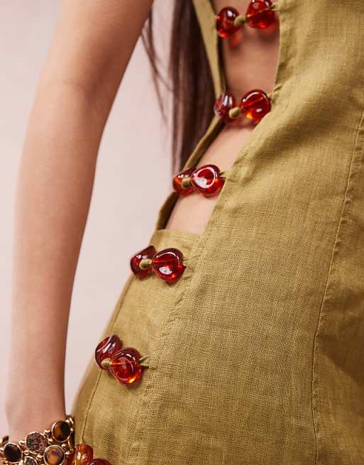 VRG GRL Tia Linen Mini Dress With Bead Detailing In Olive