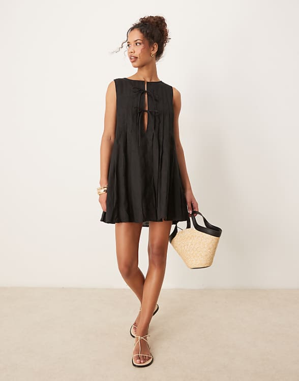 VRG GRL valeria tie front linen mini dress in black