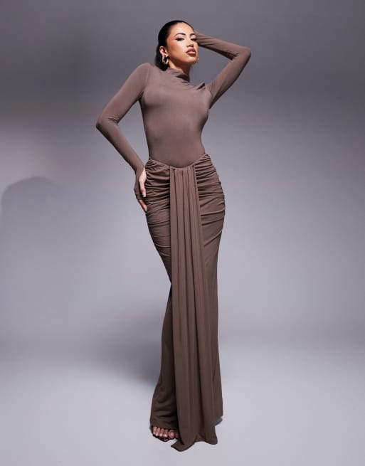 Wanderdoll Nara High Neck Body And Maxi Skirt Co-ord In Chocolate