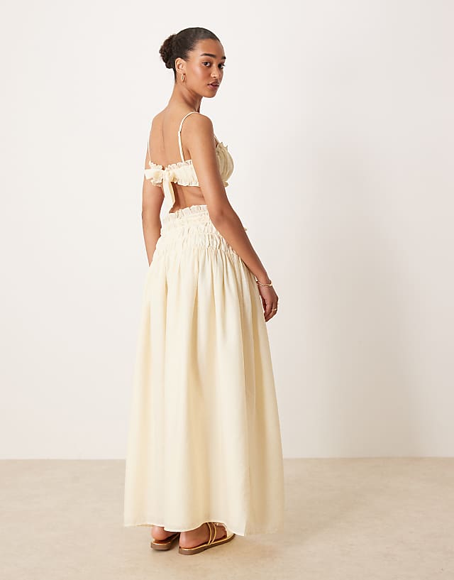 Wanderdoll Soulie Linen Look Shirred Dropped Waist Tie Detail Maxi Skirt Co-ord In Beige