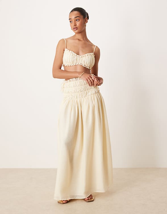 Wanderdoll Soulie linen look shirred dropped waist tie detail maxi skirt co-ord in beige