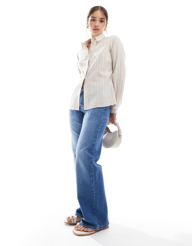 Wednesday's Girl Oversized Striped Linen Shirt In Beige