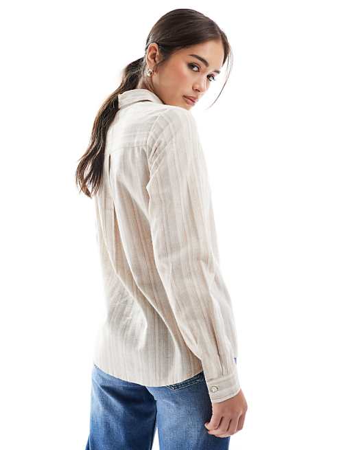 Wednesday's Girl Oversized Striped Linen Shirt In Beige