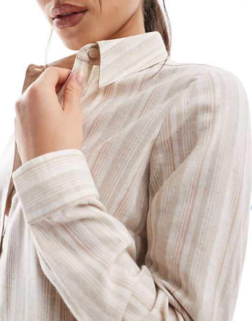 Wednesday's Girl Oversized Striped Linen Shirt In Beige