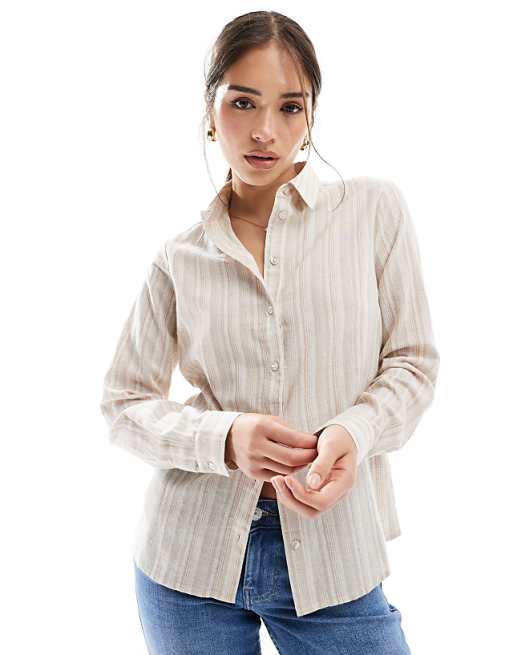 Wednesday's Girl Oversized Striped Linen Shirt In Beige