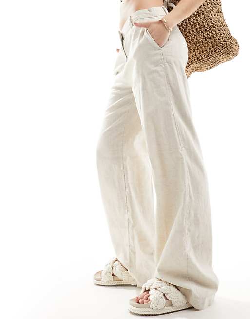 Weekday Emmie Low Waist Linen Mix Trousers In Beige