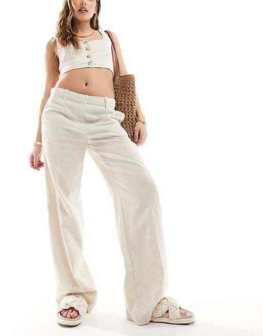 Weekday Emmie Low Waist Linen Mix Trousers In Beige