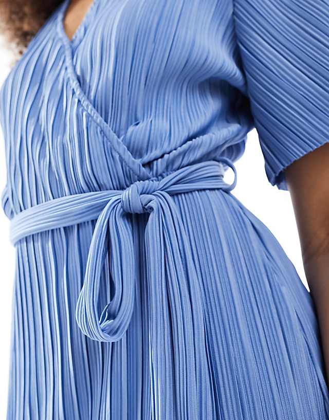 YAS Bridesmaid Plisse Wrap Midi Dress In Blue - LBLUE