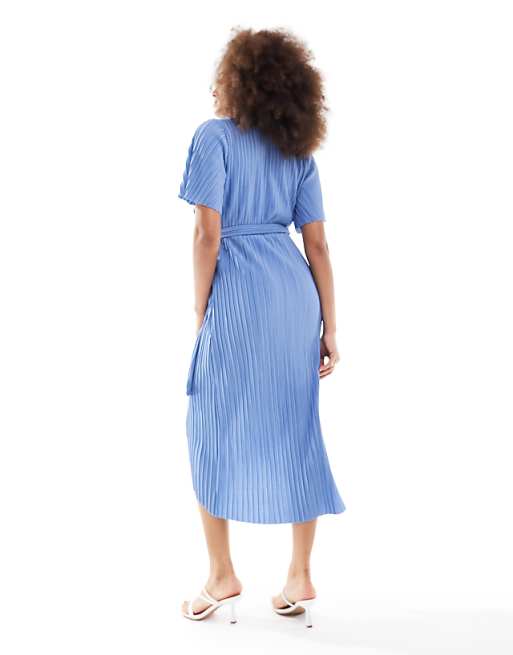 YAS Bridesmaid Plisse Wrap Midi Dress In Blue - LBLUE