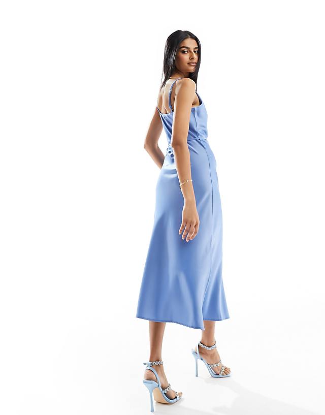 YAS Bridesmaid Satin Maxi Dress With Tie Waist Detail In Blue - LBLUE