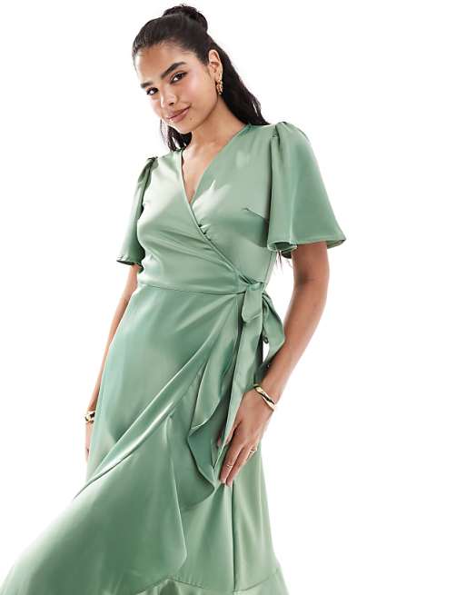 YAS Bridesmaid Satin Wrap Midi Dress In Green - MGREEN