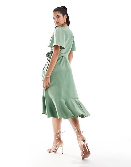 YAS Bridesmaid Satin Wrap Midi Dress In Green - MGREEN