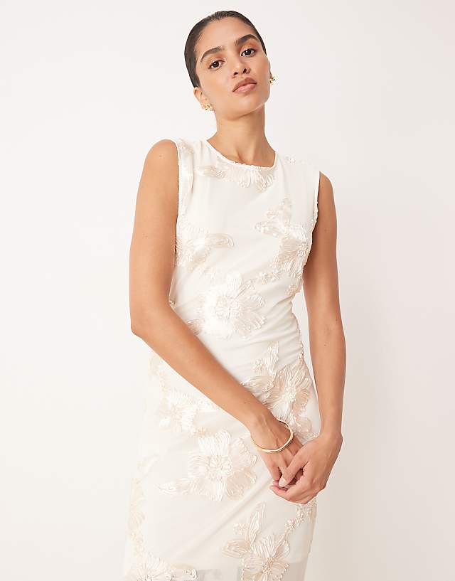 YAS Floral Applique Sheer Hem Midi Dress In Cream