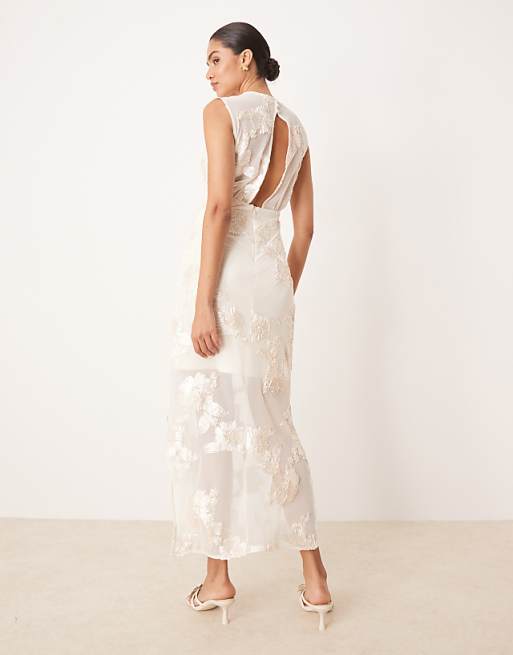 YAS Floral Applique Sheer Hem Midi Dress In Cream