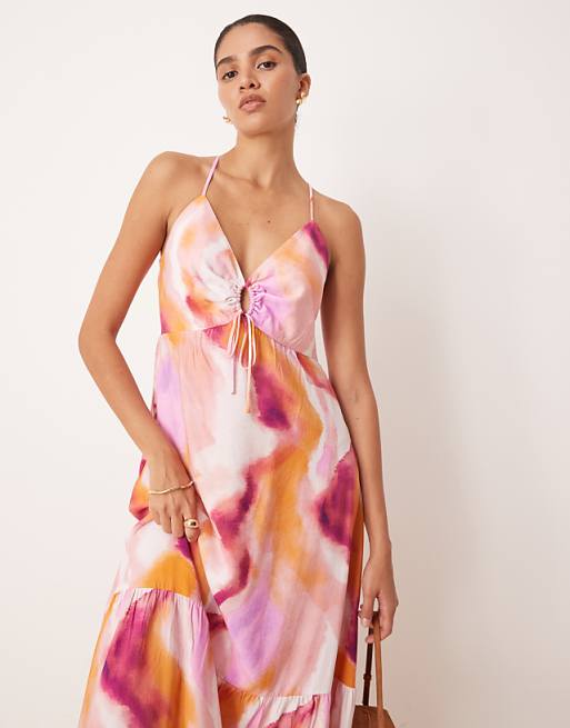 YAS Strap Detail Maxi Dress In Pink Blur Print