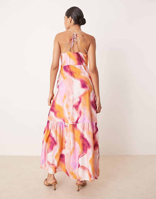 YAS Strap Detail Maxi Dress In Pink Blur Print