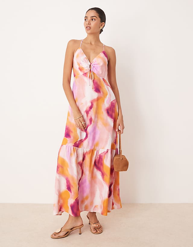 YAS strap detail maxi dress in pink blur print