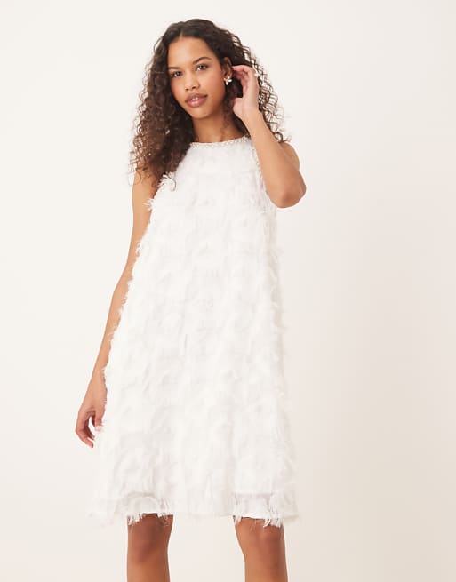 YAS Textured Racer Neck Mini Dress With Pearl Embellished Trim In White