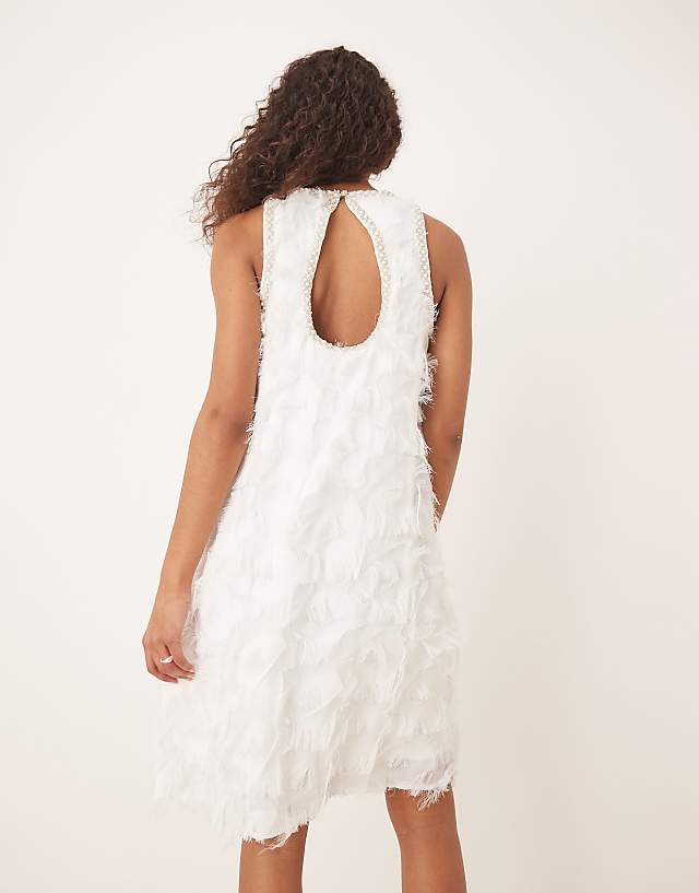 YAS Textured Racer Neck Mini Dress With Pearl Embellished Trim In White