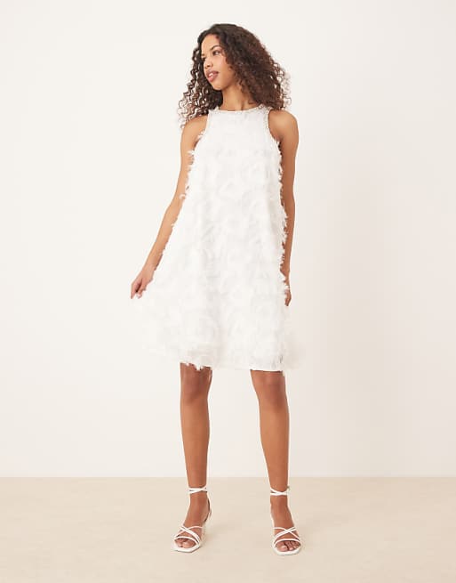 YAS textured racer neck mini dress with pearl embellished trim in white